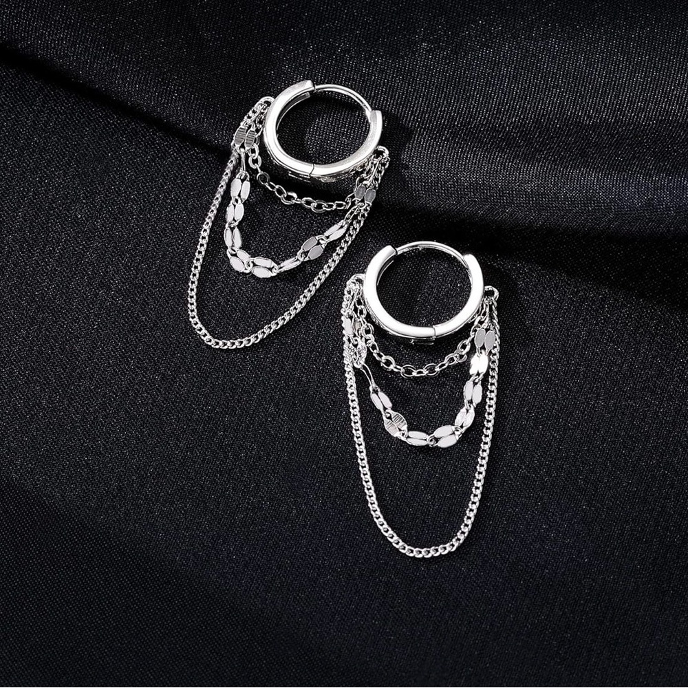 925 Sterling Silver Dangle Chain Hoop Earrings - Picture 4 of 5